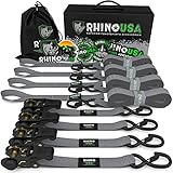 Rhino USA Ratchet Tie Down Straps (4PK) - 1,823lb Guaranteed Max Break Strength, Includes (4) Premium 1" x 15' Rachet Tie Dow