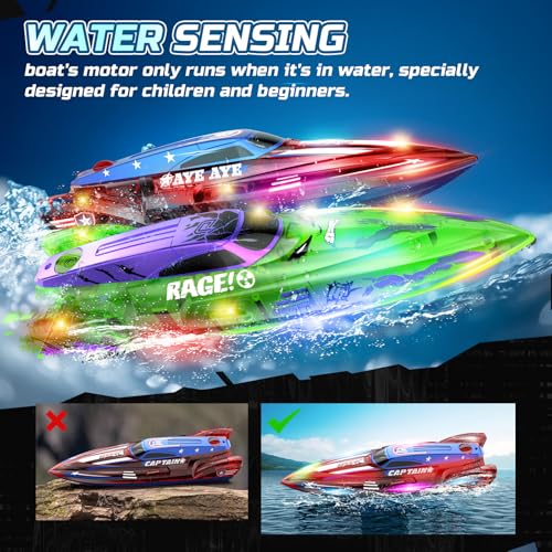 DEERC 2 Pack 13 inch Remote Control Boat for Kids, 4 Batteries, 2.4Ghz RC Racing Boat with LED Lights for Pools and Lakes, Water Summer Toy Gift
