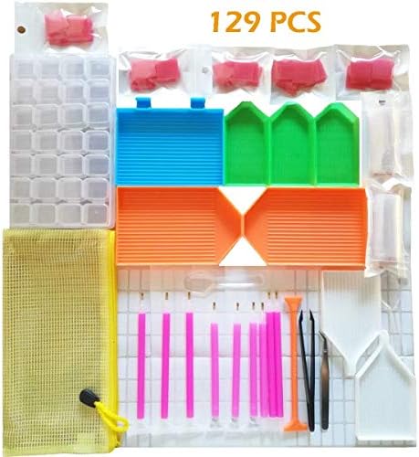 Guwheat DIY Diamond Painting Tools Accessories Set with 28-grid Diamond Embroidery Storage Box, Diamond Stitch Pen, Plastic Plates, White Marker Sheets, Tweezers, Glue, Bags and Spoon with Storage Bag