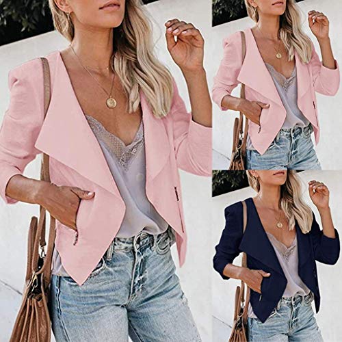 Sanyyanlsy Women's Fashion Blazer Jacket Zipper Long Sleeve Open Front Cardigan Slim Lapel Office Short Coat Tops Shirt Pink - Thumbnail 4