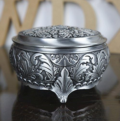 Infinite U Luxury Small Round Shape Rose Engraving Women/Girls Metal Trinket Jewellery Box Antique Silver - Image 5