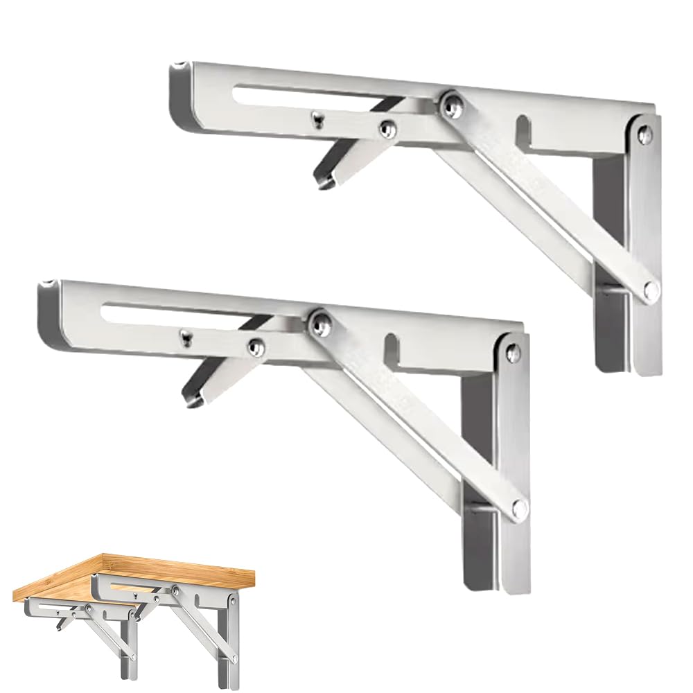 CEEYSEE 2 Pcs Folding Shelf Brackets 14 Inch Heavy Stainless Steel DIY Triangle Wall Mount Collapsible Shelf Bracket for Tables Benches Shelves Space Saving (Silver 14 Inch)