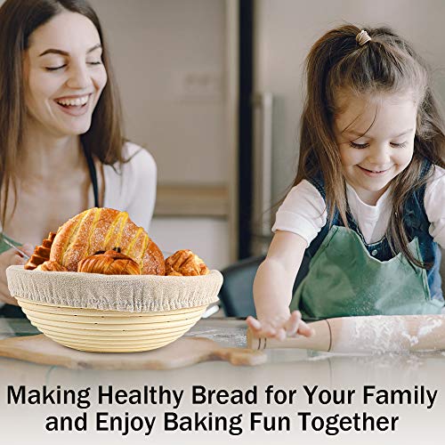 VOLADOR 9 inch Bread Proofing Banneton, Round Dough Bowl Proving Rattan Baskets for Sourdough with Linen Liner & Scraper & Razor Blades & Stencils