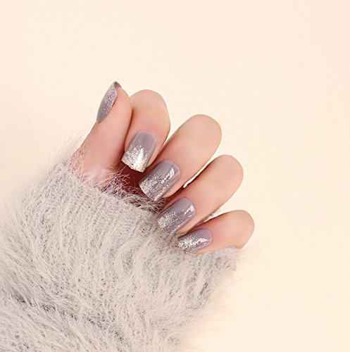 Yean Set of 24 False Nails Bridal Purple Grey Silver Powder Press on Nails Shoet Nail Vintage Full Cover Size Glossy Fake Nail Tips Nail strips with Glue and Adhesive Tab for women and girls