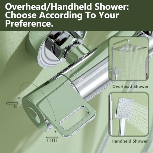 DelnVior Thermostatic Shower System Stainless Steel 12" Square Rain Shower Head Hand Shower Single Spray Mode Shower Faucet Complete Set Height Adjustable with Anti-Scald Protection Water Saving