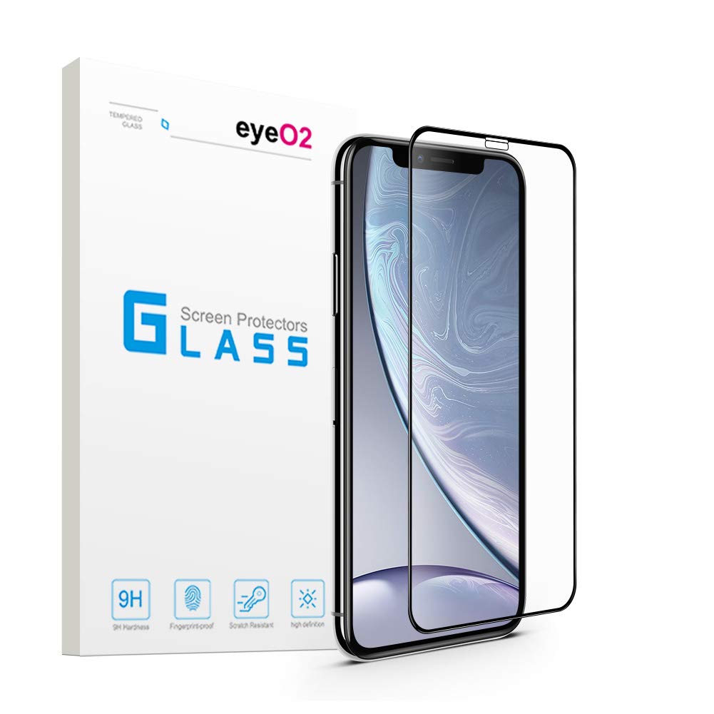 EyeO2 Screen Protector for iPhone XR 9h Hardness Tempered Glass Film Anti-Scratch Anti-Fingerprint 3D Curved Guard Screen Replacement Case Friendly Bubble Black Edge Free Full Coverage