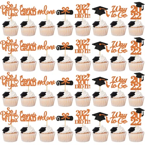 40Pcs Glitter Graduation Cupcake Topper Orange, 2022 Cupcake Toppers Graduation Class of 2022