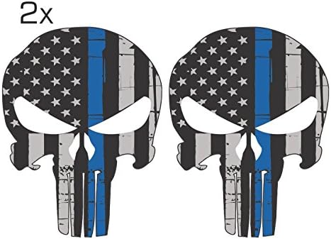 Ohana Graphix Official [Made in USA] Thin Blue Line Punisher Skull 3M/Orafol Decal Supporting Our Leo Heroes Various Sizes Pack of 2 (7" x 5", Grey Tattered Punisher Skull)