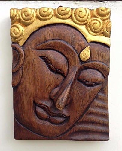MASK FACE THAI BUDDHA WOOD 3D CARVED HANDCRAFT PLAQUE ART PAINTED WALL HANGING Antique Style handmade
