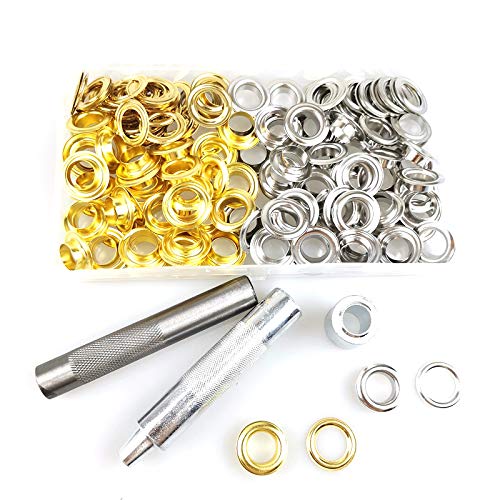 Shiwaki 100 Sets Metal Grommets,12mm Eyelets Punch Kit with 3pcs Installation Repair Tools for Tarpaulin Fabric Leather DIY Projects - Gold and silver