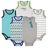 Luvable Friends 5-Pack Lightweight Sleeveless Bodysuits, Boy Sunglasses, 0-3 Months/Small