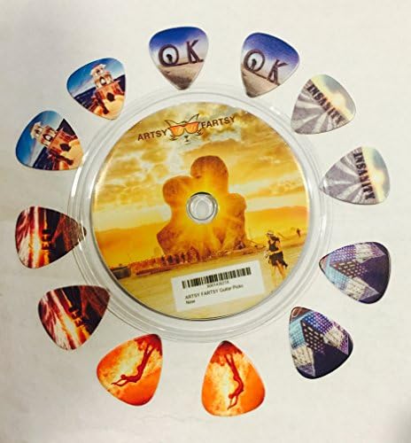 Assorted Premium Guitar Picks in 12 Pack with 6 Incredible Designs Featuring Burning Man Playa Images - Medium Gauge (.71mm) Celluloid - Best for All Skill Levels Kids & Adults - Makes a Cool Gift!