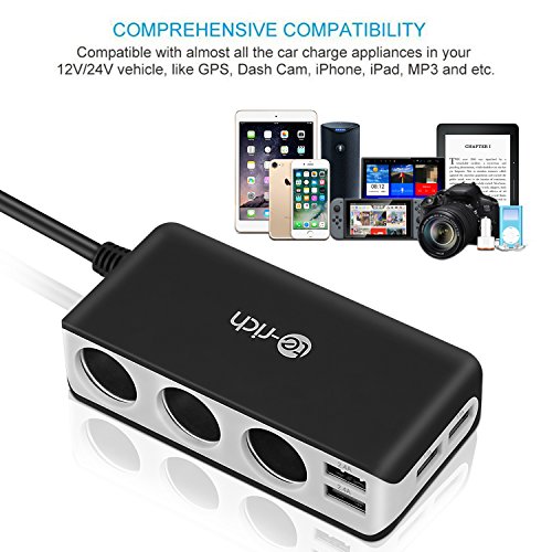 Te-Rich 3-Socket Cigarette Lighter Power Adapter DC Outlet Splitter Extender 6.8A 4 Port USB Car Charger for Cell Phones, Dash Cam, GPS and More