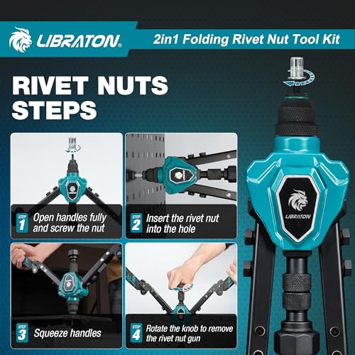 LIBRATON 2 in 1 Folding Threaded Insert Rivet Pliers, 7 Mandrels (M3-M12) & 5 Bits (2.4-6.4mm), Includes 70 Crimp Nuts and 200 Pop Rivets, Powerful Manual Tool for Auto and DIY