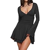 eoeoo Women's Sexy V Neck Ruffle Hem Mini Dress Ruched Waist Long Sleeve Flowy Party Short Dresses