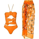 IDOPIP Women's One Piece Swimsuit with Beach Cover up Wrap Skirt Sarong Halter Floral Print Bikini Set Two Piece Bathing Suit