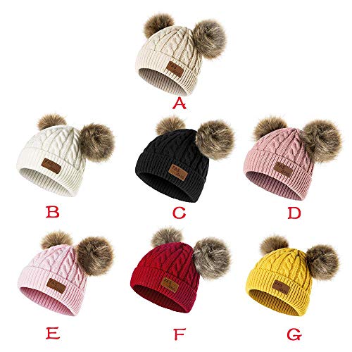 Infant Toddler Beanie Woolen Hat Pure Color Winter Twist Double Pom Pom Wool Knitted Cap for 0-3 Years Old (D- Pink, 0-3 Years Old)