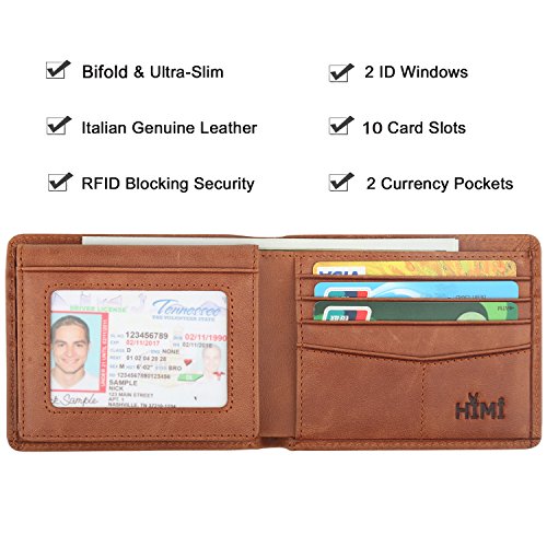 HIMI Wallet for MenGenuine Leather RFID Blocking Bifold Stylish Wallet With 2 ID Window (Brown