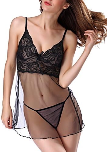 OnlyFuns Women Babydoll Sexy Lingerie Transparent Sleepwear Lace Chemises Outfit Black M