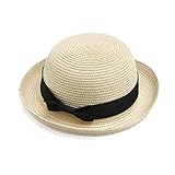 NUOLUX Fashion Women's Girls Bowknot Roll-up Wide Brim Dome Straw Summer Sun Hat Bowler Beach Cap (Beige)