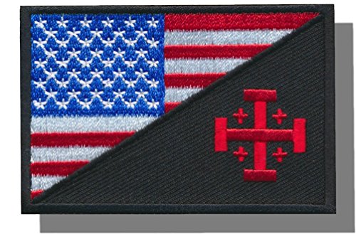 [Single Count] Custom and Unique (3" x 2") Rectangle “Political” USA Stars &amp; Stripes Jerusalem Cross Combat Morale Flag Embroidered Applique Patch {Blue, White, &amp; Red Colors} [Licensed]