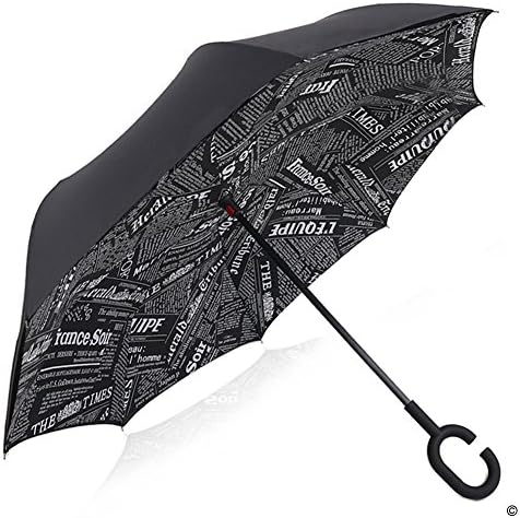 Double Layer Inverted Windproof Umbrella Car Reverse Folding UV Protection Umbrella by Yeipis(Black &amp; Black Newspaper)