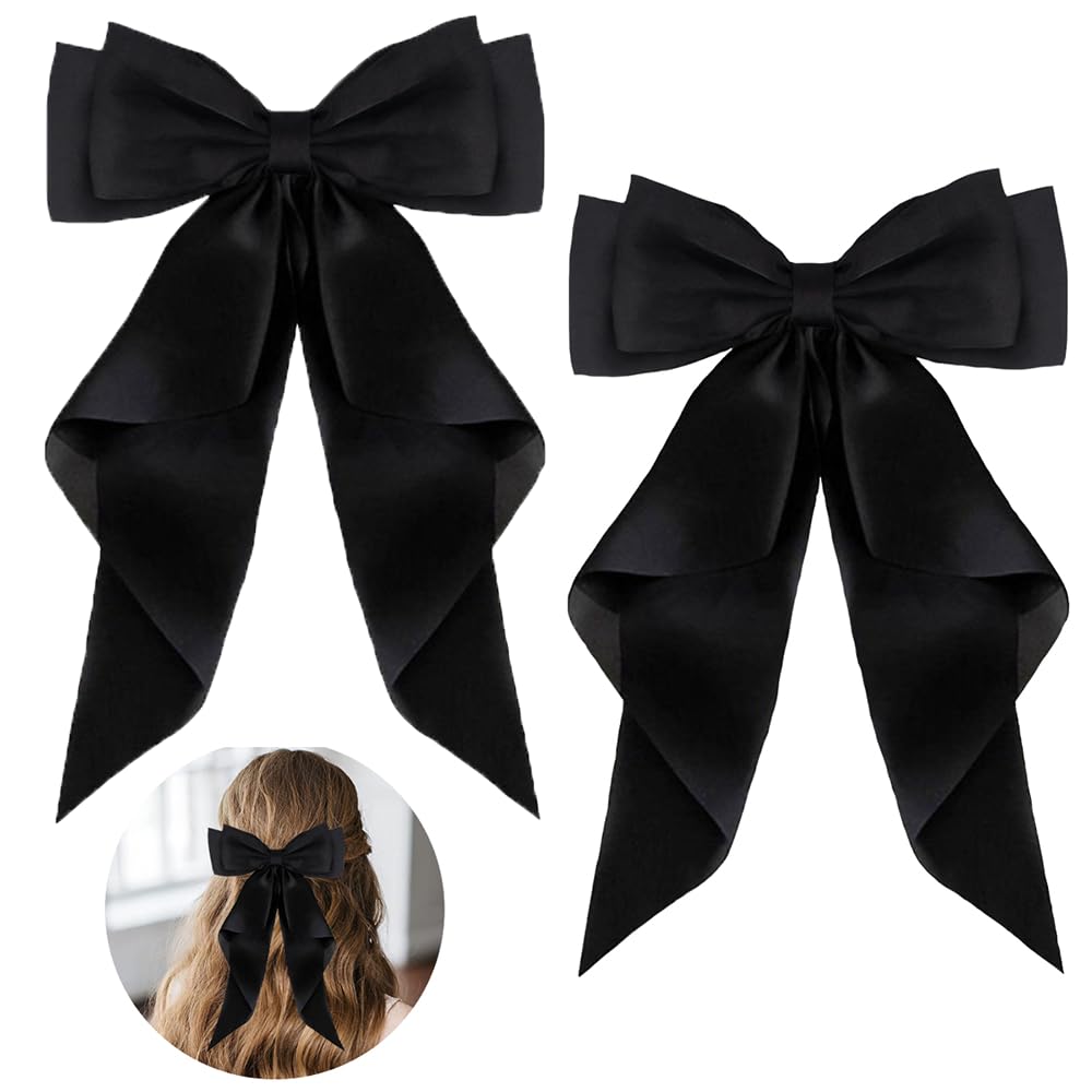 ZEVONDA Pack of 2 Big Bow Hair Clips - Solid Color Large Bowknot Hairpin Hair Clip with Long Silky Satin Tail Hair Barrettes Accessories for Girls Women, Black