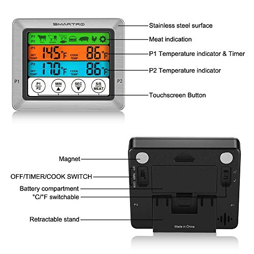 SMARTRO ST54 Dual Probe Digital Meat Thermometer for Food Cooking Kitchen Oven Smoker BBQ Grill with Timer Mode and Commercial-Grade Probes