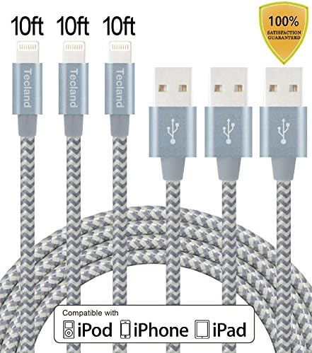 Tecland iPhone Charger 3Pack 10FT Nylon Braided Lightning to USB Cable 8-Pin Data Sync Cord for iPhone 7/7plus/6/6s/5/5S/5C/SE/Plus, iPad 4,iPad Air 1/2/Pro, iPad Mini, Compatible with iOS10. (gray)