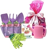 Kids Pink Gardening Tools and Gardening Gloves with STEM Learning Guide, Gift Wrapped by ROCA Toys. Tote Bag, Watering Can, Shovel, Rake and Trowel - Summer Toys