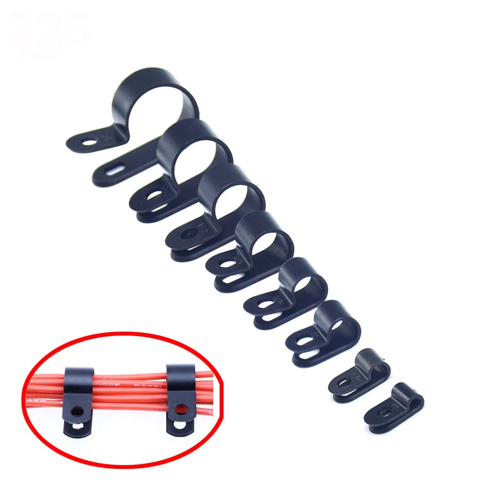 Yosawo 225-Pieces Nylon Rope Light R-Style Cable Clamp Mounting Clips for 1/8", 3/16", 1/4", 5/16", 3/8", 1/2", 5/8", 3/4" Diameter Wire Management Black