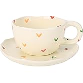 Koythin Ceramic Coffee Mug with Saucers, Handmade Flowers Mugs, Cute Cup for Girl Women, Aesthetic Tea Milk Cup with Handle, 8.5 oz/250 ml for Latte, Cocoa, Office, Home (Colorful Little Hearts)