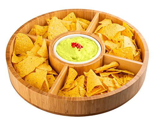 Strova 15 Inch Wood Bamboo Chip and Dip Serving Platter Set w/Ceramic Dip Bowl | Round & Large Appetizer Server for Event Use | Salsa, Taco Chip, Guacamole, Vegetable, Snacks, and Cheese Serving Tray - Thumbnail 3