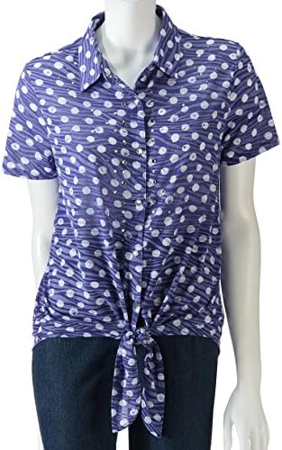 Onque Casuals The Dots Have It Tonal Blue Mixed Print Tie-Front Top (Large)