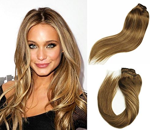Stella Reina Subtle Ombre Color #4/27 Chocolate Brown with Honey Blonde Highlights Balayage Human Hair Bundle Weft 100g Silky Straight Sew In Weave 14 Inch Short
