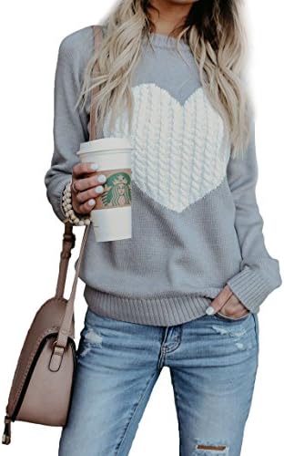 Womens Casual Cable Knitted Crewneck Heart Love Oversized Pullover Sweater