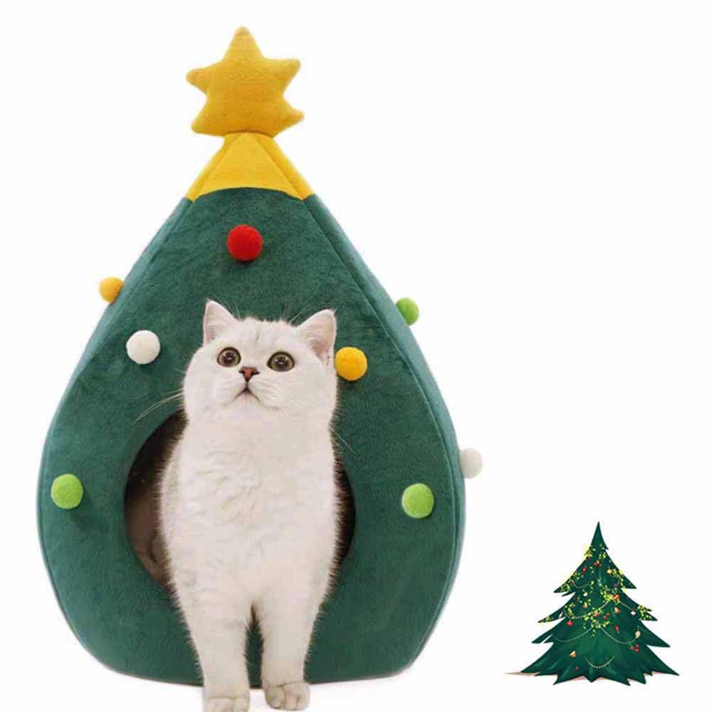 Ushang Pet Christmas Cat Beds - Xmas Tree Shaped Cats House Igloo Beds Portable Green Pet Cave Bed for Kitten 38cm x 38cm x 50cm