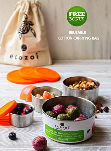 Ecozoi LEAK PROOF Stainless Steel Lunch Container Lunch Box 4 Pc Set with Silicone Lids | BONUS Cotton Carrying Case | Zero Waste Packaging | Eco Friendly Bento Box Food Storage Snack Containers