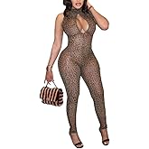 ZUAVIALA Sexy Leopard Print Jumpsuits for Women Cheetah Sleeveless Hollow Out Top Bodycon Pants Jumpsuit Club Outfits