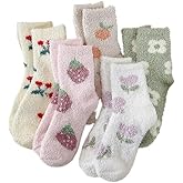 Kelabia 5 Pair Cute Floral Fuzzy Socks, Women Fluffy Slippers, Cottagecore Winter Thick Cozy Vintage Long Socks