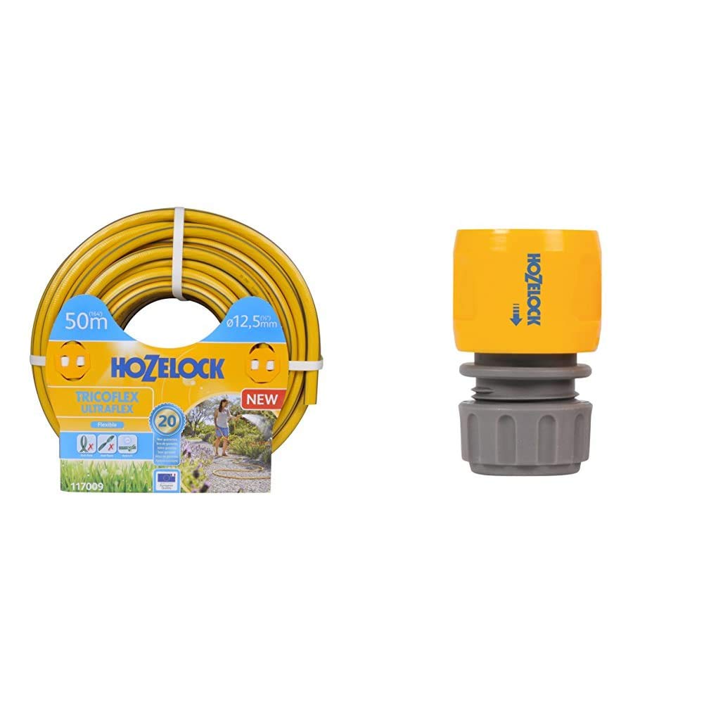 Hozelock Tricoflex Ultraflex Hose, Yellow, 12.5 mm x 50 m & Hose end Connector (12.5mm & 15mm)