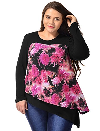 uxcell Women Plus Size Floral Prints Irregular Hem Tiered Tunic Top 2X Black