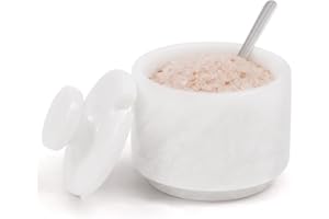 MARBLOUS KRAFTS Marble Salt Cellar with Lid & Spoon 3' White Small Flaky Salt Container, Seasoning Jar, Spice Storage Counter