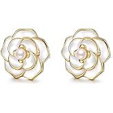 Reffeer Solid 925 Sterling Silver Camellia Flower Stud Earrings for Women Teen Girls Flower Stud Earrings Simulated Pearl Studs