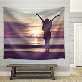 Woman Spreading Hands with Joy and Inspiration at Sunrise. - Fabric Wall Tapestry Home Decor - 51x60 inches