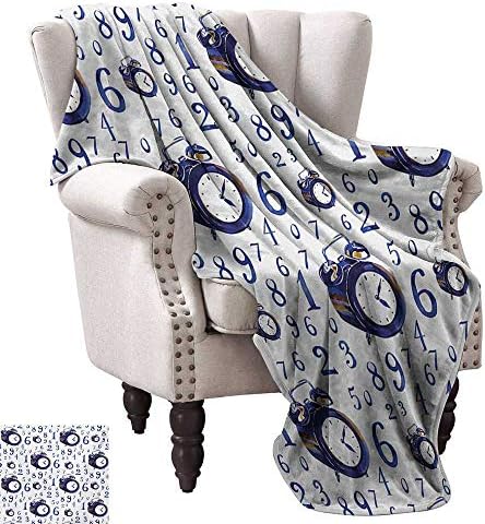 WinfreyDecor Clock Blanket Sheets Watercolor Style Effect with an Alarm Clock Illustration Caligraphic Numbers Cozy for Couch Sofa Bed Beach Travel 50" Wx60 L Blue and White