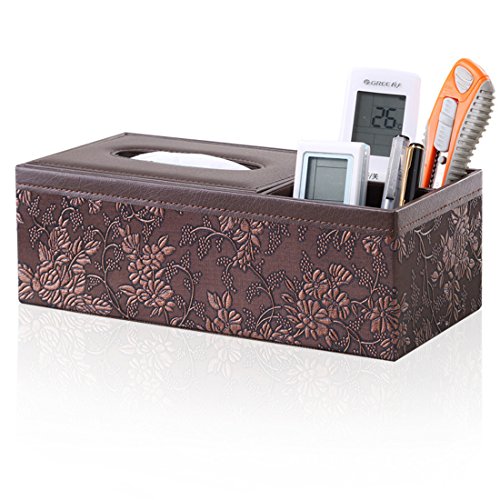 Zubita Tissue Box, Multi-Functional Tissue Napkin Paper Box PU Leather Wooden Fabrics Pens Pencils Phone Holder Tissue Cover Case for Home Office Desk Car Decoration Image Retro Carving (Brown)
