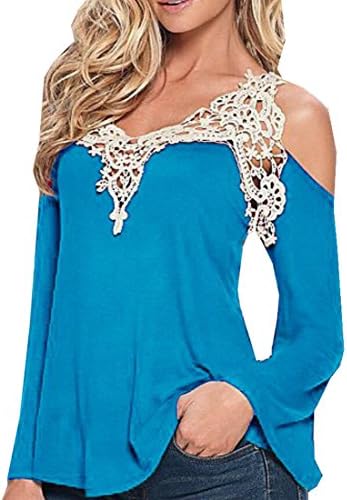 LTYY Women's Sexy Casual Cotton Shoulder-off V-neck T-shirt Blue M