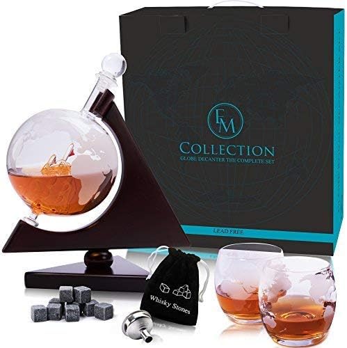 Whiskey Globe Decanter Set w/ Triangular Wooden Stand, Whiskey stones, glasses, Bar Funnel & Cork: Satisfy Your Elegant Taste! Handmade Gift for Bourbon, Scotch, Sherry, Cognac, Brandy & Liquor Lovers
