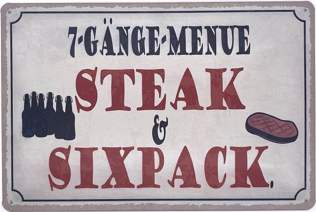 DekoNo7 Tin Sign 30 x 20 cm BBQ Grill with German Text '7 Gang Menü - Steak & Sixpack Bier'